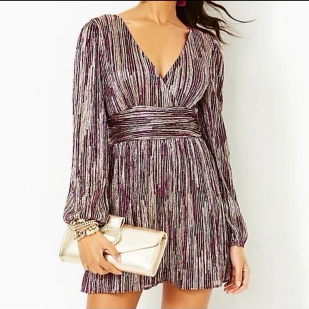 Lilly Pulitzer Riza Romper Dress Mulberry Metallic Gold extra Small HOLIDAY - Picture 1 of 9